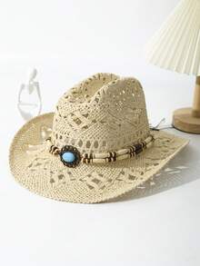 1pc Unisex Wooden Bead Decor Boho Ridge Wide Brim Hollow Out Hand Woven Cowgirl Hat Travel Shade Breathable Adjustable Chin Strap Travel Shade Windproof Rope Casual Handmade Beach Hat Cowboy Hat Straw Hat Sun Hat - 米色 - 查看 2