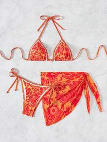 3-Piece Bikini Swimsuit Set, Sexy Women's Neck Strap Swimsuit With Floral Print For Summer Beach Wear, Random Print - Orange - View 5
