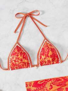 3-Piece Bikini Swimsuit Set, Sexy Women's Neck Strap Swimsuit With Floral Print For Summer Beach Wear, Random Print - Orange - View 3