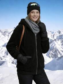 女士毛绒连帽长袖外套，秋冬款 - 黑色 - 查看 2