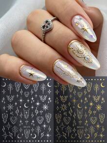 Bộ sticker dán móng tay 3D lấp lánh vàng bạc ánh kim - Hình dán tự dính chủ đề Mặt Trời, Mặt Trăng, Sao và Không Gian với hiệu ứng lấp lánh cho móng tay acrylic bóng, trang trí móng tay DIY hình hoạt hình thiên thể. - Vàng - Xem 3