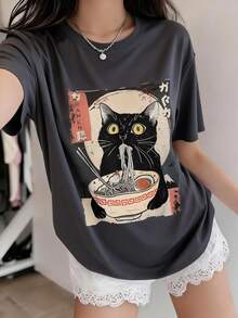 Girls' Cartoon Cat Print Short Sleeve T-Shirt, Summer - Dark Grey - View 8
