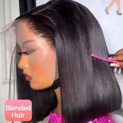 20英寸即插即用4x4和5x5蕾丝前假发，巴西原生发，预先拔毛并带有婴儿绒毛，13x4直发波波头假发，混合纤维，自然黑色，200%密度，外观自然，预漂白发结，耐热合成纤维混纺假发，女士款