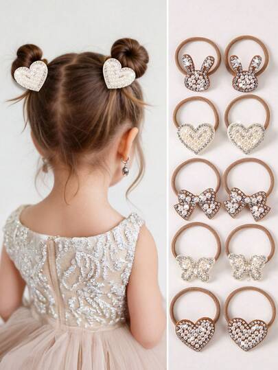 10pcs Girls Bowknot/Heart/Rabbit Rhinestone Decor Hair Accessories, Cute Princess Hair Ties, Elastic Hair Bands, Hair Scrunchies, Non-Damaging