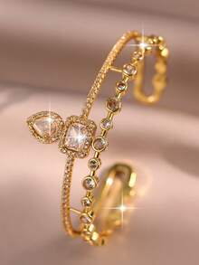 2 pezzi Set di bracciale e anello con charm a forma di faccia sorridente in zirconia cubica della serie fantasy, set di gioielli da matrimonio in lega di rame con zirconia cubica brillante, adatto per banchetti, balli, feste - Oro giallo - Visualizzare 3