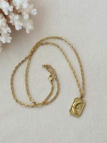 1件装不锈钢防水长方形吊坠项链，简约优雅金色日月图案，女士款 - Necklace - 查看 2