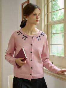 Cárdigan de manga larga con cuello redondo, estilo casual de primavera, con bordado de contraste, elegante, de moda retro y temperamento suelto para mujeres jóvenes - Rosa - Ver 8