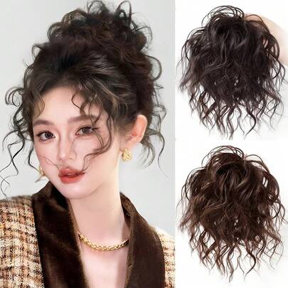 Synthetic Curly Hair Bun Extensions Wig Wavy Curly Chignon Hair Bun With Rubber Band Fluffy Hairpiece For Women Daily Party Use