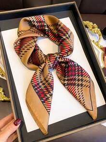 1pc Brown 70cm Square Striped Pattern Printed Silk Scarf, Women's Fashion Satin Neckerchief, Headband, Headwrap - Brown - View 5