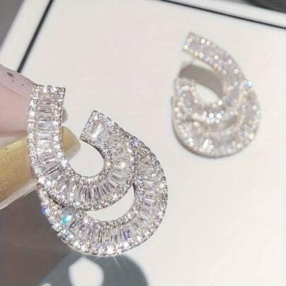 优雅奢华几何造型耳环，镶嵌闪耀立方氧化锆，适合女性佩戴 - 是婚礼、派对和情人节的完美礼物，情人节珠宝 | 闪亮耳环