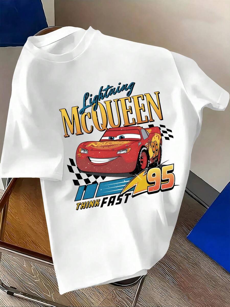 Disney Men's Casual T-Shirt, Featuring Disney's Cartoon Image Of Lightning McQueen, Iconic Red Body, Confident Smiling Cartoon Pattern, Fashionable And Comfortable Soft Cotton T-Shirt, Full Of Retro And Street Style Collision - 白色 - 查看 1