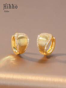 Hihho 1 Pair Fashionable Exquisite Zirconia Rimmed Striped Teardrop Earrings, Versatile Jewelry Accessory For Women, Suitable For Work, Commute, Shopping Outfit - Earrings - View 4
