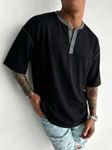 GRDR 1pc Men's Summer Casual Henley Neck Short Sleeve T-Shirt - Black - View 5