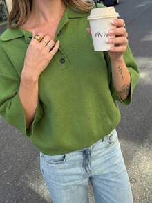 纯色简约绿色女士针织Polo领套头毛衣，百搭优雅休闲通勤度假短袖夏季 - 綠色 - 查看 2
