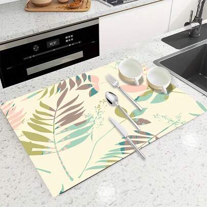 1片简约叶子图案多功能吸水垫，涤纶材质，桌面保护垫，适用于厨房、餐桌装饰、餐具晾干、洗衣机、咖啡机、浴室盥洗台、厨房配件、派对用品