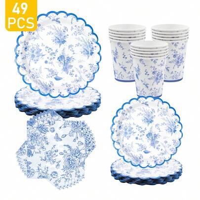 1 Set Blue & White Porcelain Floral Disposable Plates, Napkins, Cups, Suitable For 8 Guests, One-Time Party Supplies For Birthday, Wedding, Family Picnic