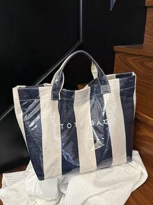 现代百搭的撞色手提包，专为女性设计；时尚高品质的PVC防水通勤包，休闲百搭的都市通勤手提包，适合购物、旅行和日常使用；实用轻便的大容量沙滩包，采用魔术贴封口；防水PVC材质的夏季沙滩包；是送给朋友、购物、通勤、摄影和度假旅行的完美之选。 - 藏蓝色 - 查看 2