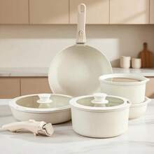 Ceramic Coated Cookware Set - PFOA-Free Non-Stick Multi-Pot With Detachable Handles | Induction/Gas/Oven 450°F, Stackable Design For Steaming, Frying & Sauteing (Cream) - Multicolor - View 2