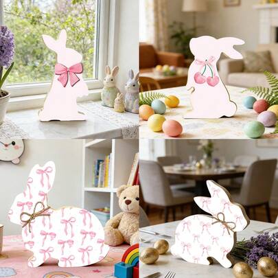 1pc Easter Bunny Wooden Decorative Plaque With Bow And Cherry Design, For Tiered Tray Center Decor, Dining Table, Office, Indoor/Outdoor Party Decoration