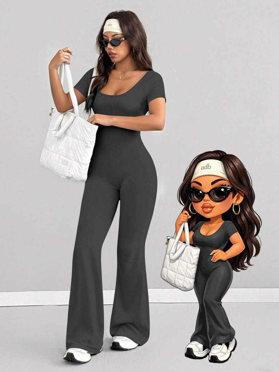 AITYI Studio 女士连体裤，修身舒适，休闲 U 领纯色时尚性感修身款，适合户外运动，百搭实用，适合毕业典礼、新年、情人节、春夏等场合，弹力针织短袖喇叭裤腿连体裤 - 鉛灰 - 查看 1