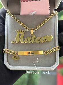 1pc New Custom Name Set Stainless Steel Love Crown Name Pendant Engraved Name,18k Gold Electroplated Stainless Steel, Teen/Boy/Girl Bracelet Necklace Set, Soccer - Multicolor - View 2