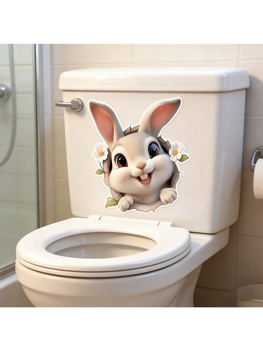 1pc Easter Bunny Sticker, White 3D Rabbit Hole Sticker, Easter Cartoon Wall Decal For Car/Laptop/Luggage/Toilet Lid, Cute Animal Creative Waterproof Decal - Multicolor - View 1