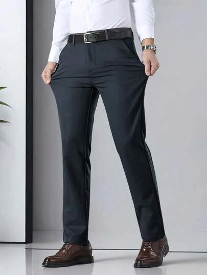 1 pieza Traje clásico de negocios para hombre, pantalones de traje unicolor elásticos, pantalón de vestido casual de pierna recta