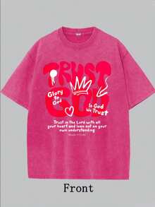 Vintage Wash Tee Black Trust In God Glory To God Inspirational Quote Casual Daily Wear Crew Neck Tee - 粉色 - 查看 2