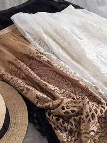 Long, Flared Boho-Style Skirt For Women With Delicate Cutout And Embroidery Details. - Mocha Brown - View 2