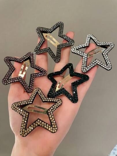 5个装女士星形水钻发夹，刘海/侧边发夹，新款BB夹发饰，适合日常使用