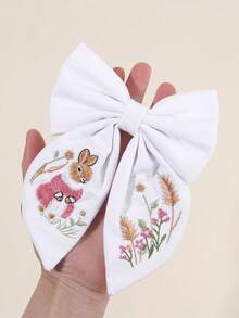 1件可愛刺繡兔子蝴蝶結髮夾，女孩用優雅粉色兔耳大白色蝴蝶結髮飾，適合日常、學校、派對的頭飾髮飾 - 彩色 - 查看 4