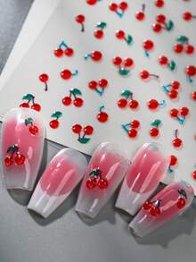 1张5D甜美红樱桃美甲贴纸 可爱果冻浮雕自粘美甲贴花装饰设计 卡哇伊美甲用品 - 紅色 - 查看 6