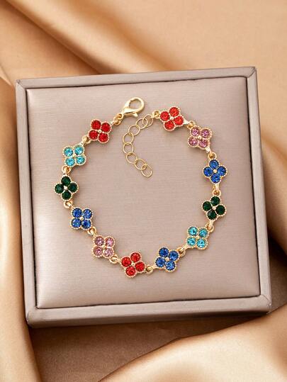 1 pieza Pulsera con dije de trébol de cuatro hojas con cristales de arcoíris, pulsera con cadena dorada brillante para uso diario y regalos para mujeres