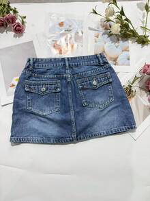 女士蓝色牛仔迷你裙，休闲直筒版型，带拉链细节，无弹力面料 - 藍色 - 查看 6