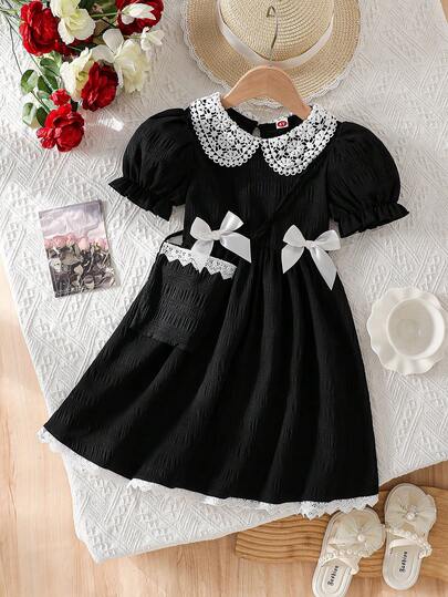 Young Girl Lace Patchwork Bow Decor Puff Sleeve Dress + Ruffle Crossbody Bag, Suitable For Back To School And Daily Wear