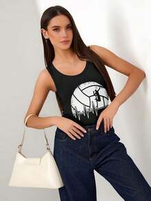 Women's Tank Top T-Shirt, A Fun Volleyball Heartbeat Volleyball Player Set Soft And Comfortable, Suitable For Daily Use, Home Life, Fitness And Sports Activities. - màu đen - Xem 4