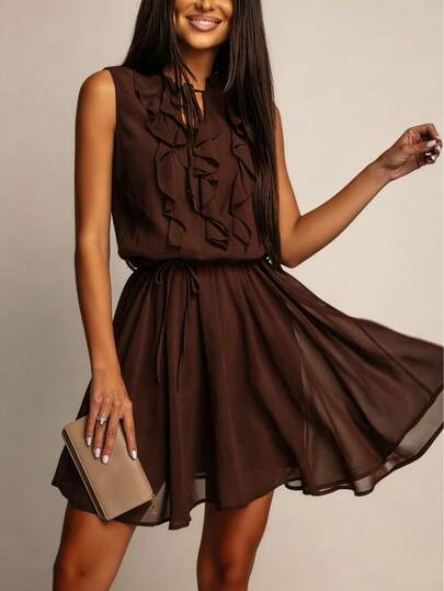 女士新款优雅时尚通勤风约会纯色荷叶边抽绳无袖夏季迷你连衣裙