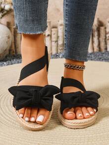 女士弹力带优雅轻便宽楦平底凉鞋，蝴蝶结装饰，舒适不疲劳，适合户外、晚宴、海滩、度假、休闲等场合，百搭平底凉鞋 - 黑色 - 查看 3
