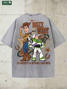 Disney-Heavy Cotton Toy Story Short Sleeved T-Shirt For Men With "TO INFINITY&BEYOND" Print Oversized Loose Fit Half Sleeved Top For Summer Casual Wear - 淺灰色 - 查看 4