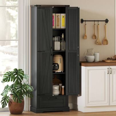 HOMCOM 71" Kitchen Pantry Cabinet, Freestanding Storage Organizer With Adjustable Shelves, Modern Farmhouse Tall Cabinet With 2 Barn Doors And Drawer For Dining Room, Black
