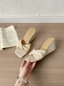 Damen Mode Quadratische Zehenkappe Elegante Slip-On Keilsandalen, Beige oder Braun Farboptionen, vielseitig & bequem - Beige - Übersicht 3