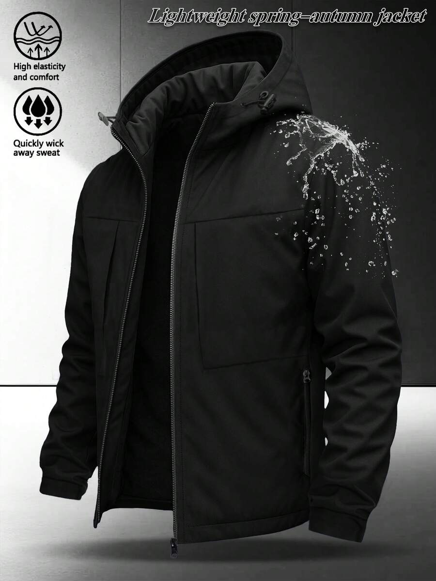 Men's Hooded Long Sleeve Jacket, Overall Minimalist Design. Practical Hoodie, Convenient Zipper Closure, Multiple Pockets For Both Aesthetic And Storage Purposes, Suitable For Daily Commute And Light Outdoor Activities. - Black - View 1