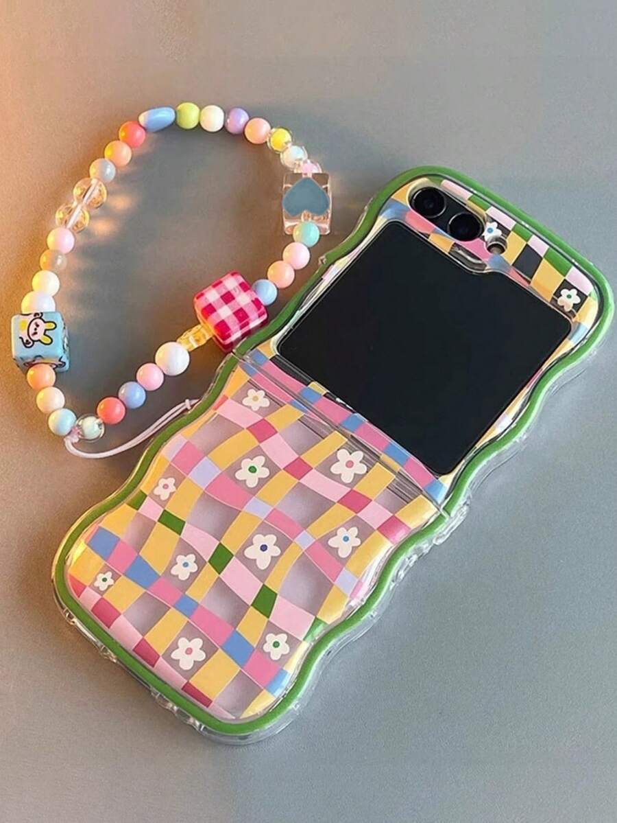 格子花卉图案手机壳，兼容三星 Galaxy Z Flip 7/Z Flip 6/Z Flip 5/5G，糖果色腕带，透明波浪边保护套