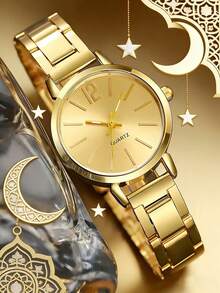 Set de 2 piezas con reloj de cuarzo redondo dorado y pulsera con incrustación de corazón, regalo de cumpleaños, versátil para uso diario - Dorado - Ver 3