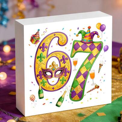 1PC Mardi Gras 67 Number PVC Desk Accessories Sign, Jester Hat & Mask Print Square Block Plaque, Perfect For New Orleans Carnival Office Decor, Room DecorTable Centerpieces
