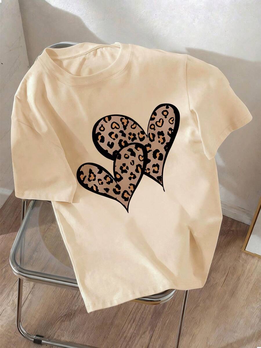 Girly Heart Leopard Print Short Sleeve Soft T-Shirt, Casual Street Style Summer Top, Valentine's Day - Apricot - View 1