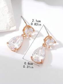 1 Pair Women/Girls Round & Teardrop Shaped Sparkling Cubic Zirconia Stud Earrings, Suitable For Daily Wear, Wedding, Party, Birthday - Multicolor - View 3