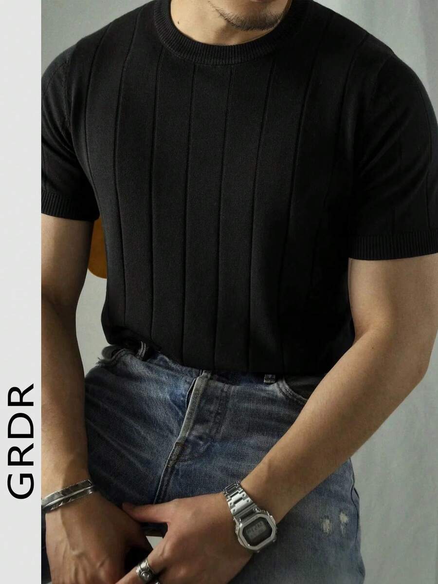 GRDR Men's Summer Knit Solid Ribbed Short Sleeve Sweater, Sporty Casual, Suitable For Outdoor Activities