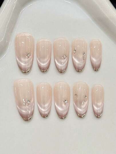 10pcs Pure Handmade Press On Nails Oval Nails Medium Nails A Nude Base, With Purple Cat-Eye Designs And Hand-Painted Golden Lines On The Fingertips, And Also Adorned With Tiny Sparkling Diamonds. It Is Elegant Gentle And Simple, Both For Daily Use And Refined. For Ladies And Girls Spring Summer Fall Winter Festivals Parties And Daily Life Use Handmade Press On Nails