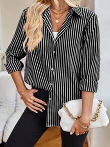 Striped Contrast Color Button-Up Long Sleeve Shirt, Suitable For Office Commute And Professional Wear Vacation Black Spring - Black - View 2